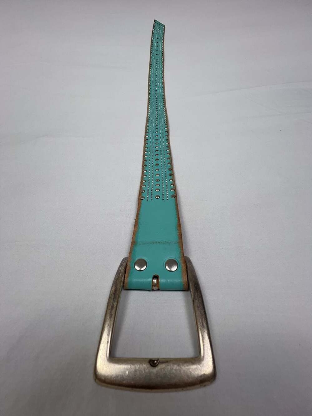 Linea Pelle Genuine Leather Belt in Aqua with Silver Studs + Brass Buckle